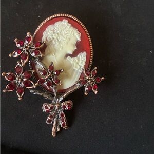 Vintage Antique Bronzed Red Cameo Floral Brooch Pin - Women Jewelry